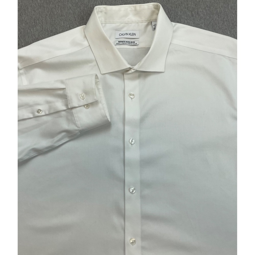 Calvin Klein Shirt Mens 17.5 -34/35 White Cotton Blend Stretch Slim Button Up